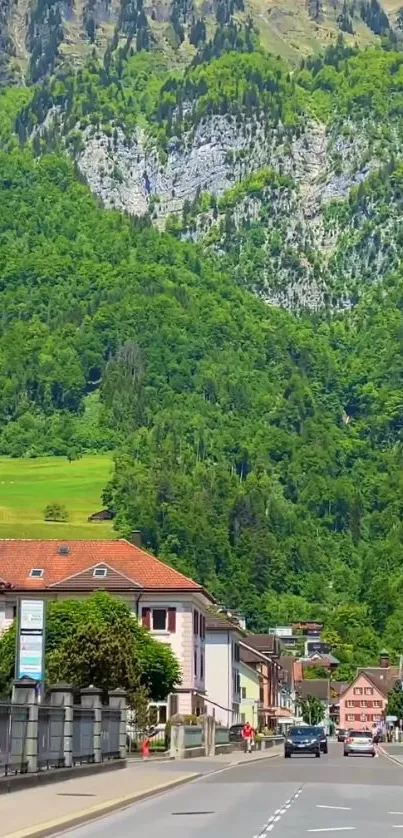 A scenic mountain town with lush greenery and traditional buildings.