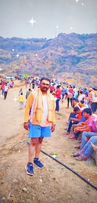 Lively mountain trail gathering with people outdoors enjoying the scenic view.