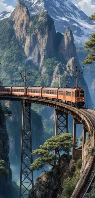 A train on a bridge between lush mountains.