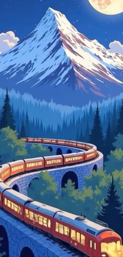 Train on a bridge under a moonlit mountain.