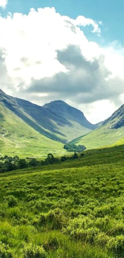 Lush green valleys under a clear blue sky in a mountain scene wallpaper.