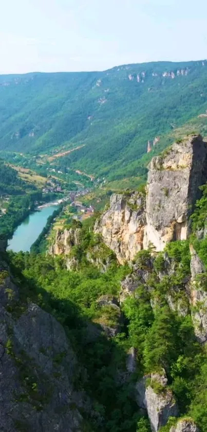 Aerial view of lush green valley with river and mountains.