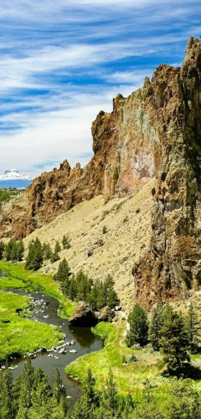 Scenic mountain valley with greenery and cliffs in a vibrant wallpaper.