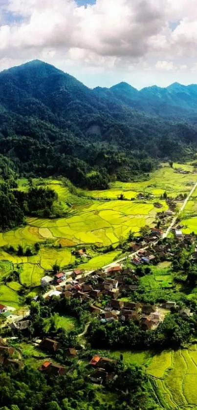 Aerial view of a lush mountain valley with green fields and a village.