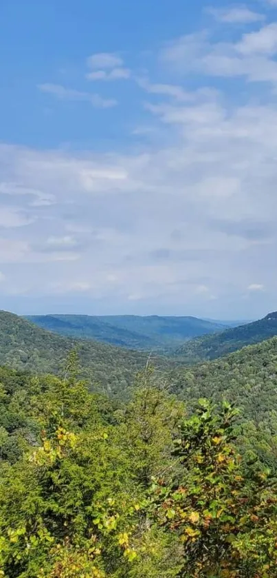 Lush green mountains under a blue sky.