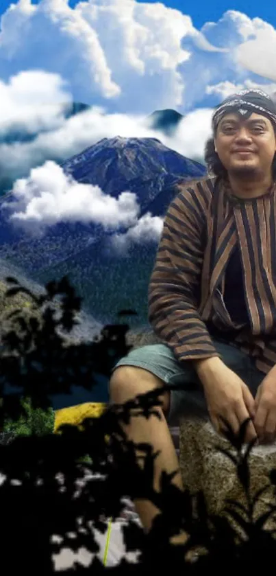 Man in striped top against mountain and cloud backdrop.