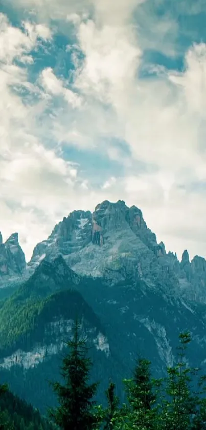 Majestic mountain with trees and cloudy sky.