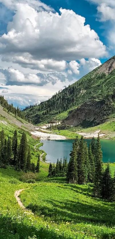 Scenic mountain landscape with lake and green valley.