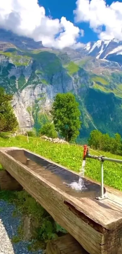 Tranquil mountain view with lush green landscape, cliffs, and a flowing water feature.