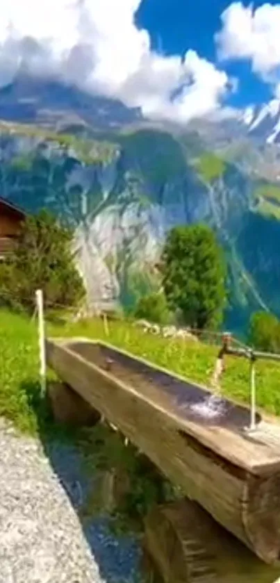 Scenic mountain view with wooden trough and lush greenery