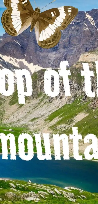 Scenic mountain view with butterfly overhead