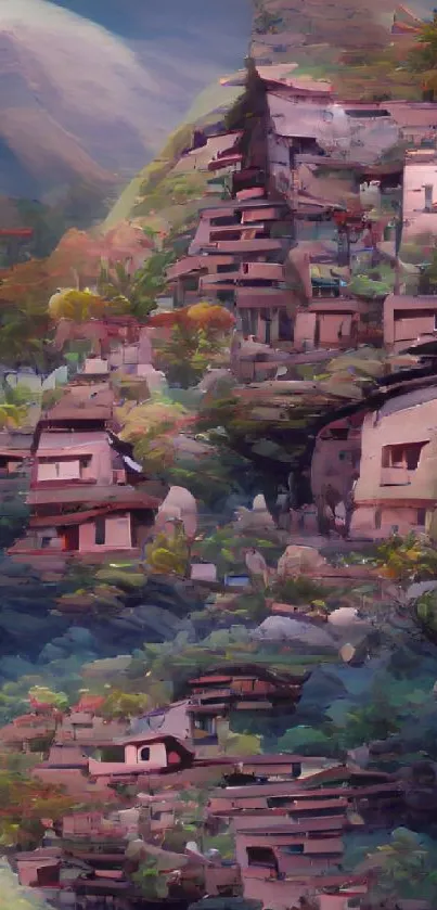 Artistic depiction of a colorful mountain village in nature.