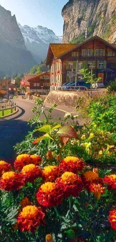 Scenic mountain village with vibrant flowers and rustic houses.