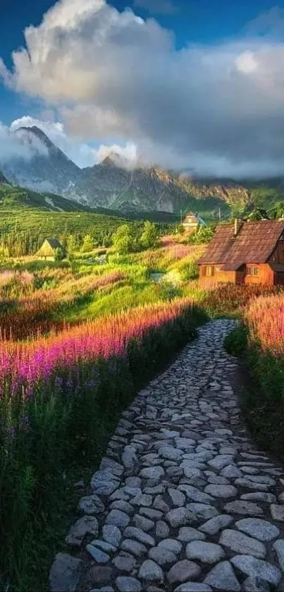 Picturesque mountain village with stone path and vibrant greenery.