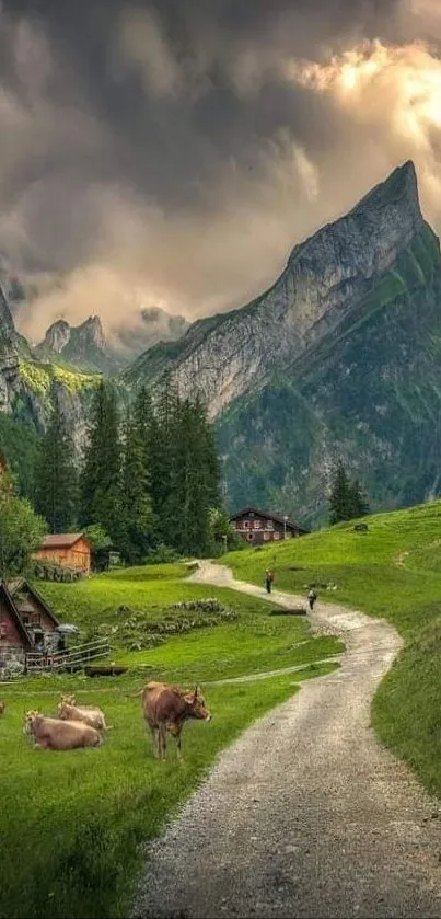 Scenic view of a lush green mountain village with a winding path and dramatic sky clouds.