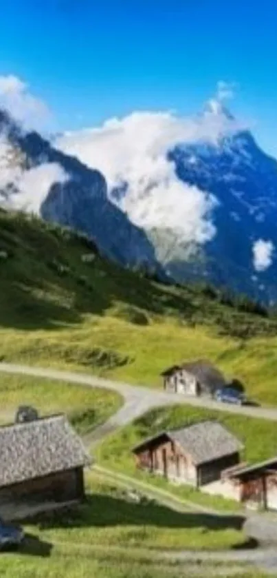 Scenic mountain village with blue skies and rustic cottages.