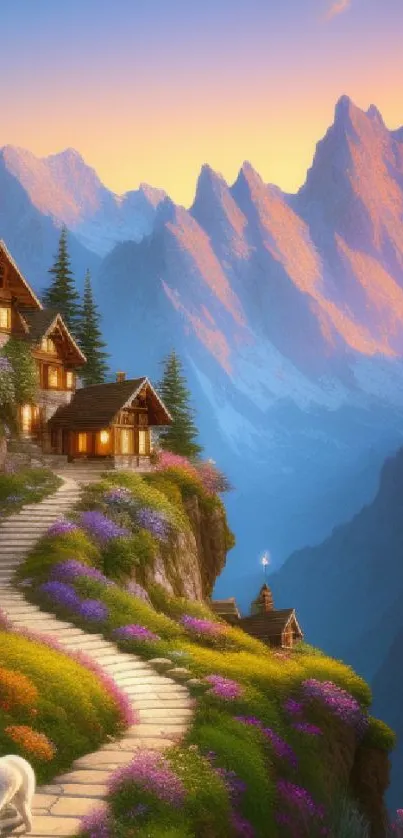 A serene mountain village with a path at sunset, surrounded by vibrant flowers.