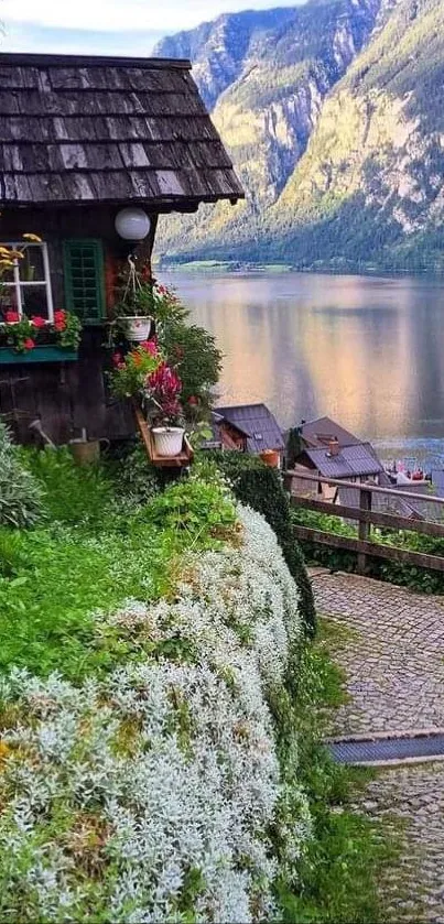 Scenic view of a mountain village overlooking a tranquil lake.