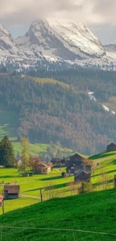 Lush green village with snow-capped mountains in the background.