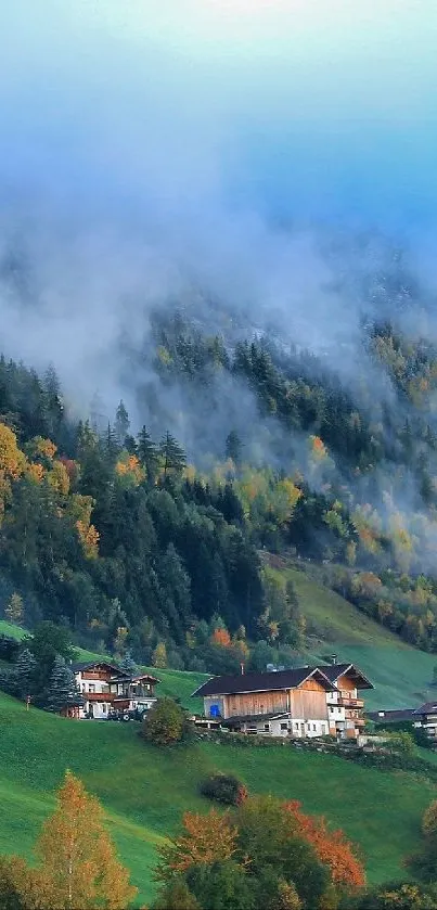 Scenic mountain village in misty green hills.