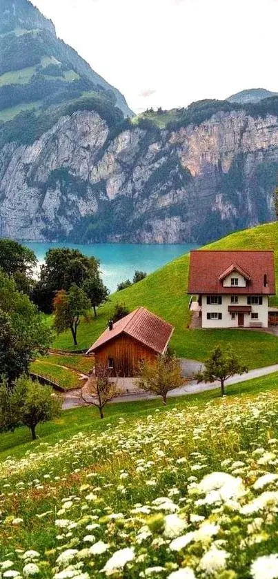 Scenic mountain village with green hills and cottages.