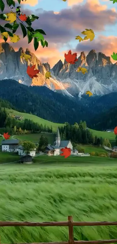 Scenic mountain village with autumn leaves and sunset sky.