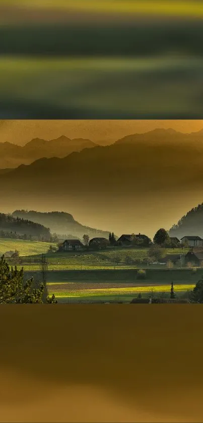 Serene mountain village at dusk with misty hills and green landscapes.