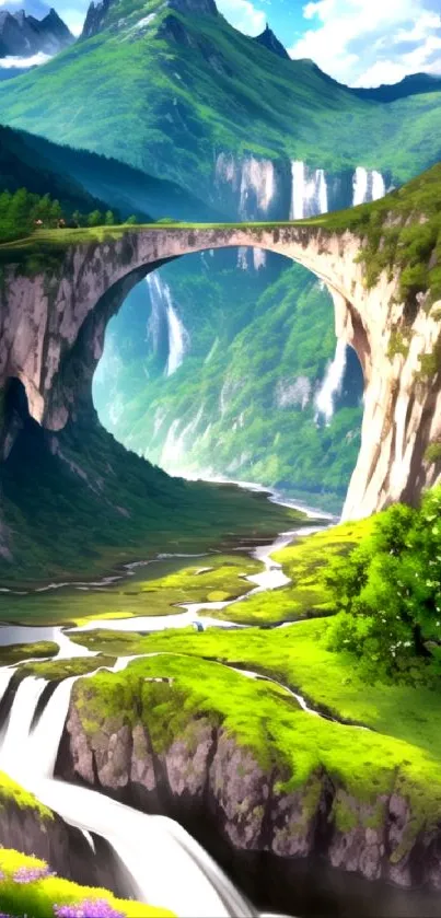 Scenic wallpaper of mountain bridge over a waterfall with green landscape.