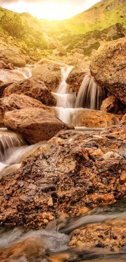 Beautiful mountain waterfall with sunlight and rocks