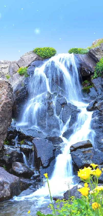 Mountain waterfall with blue sky and green foliage.