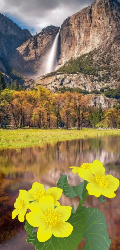 Scenic mountain waterfall with yellow flowers