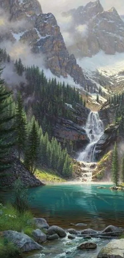 Mountain waterfall with serene lake and lush greenery.