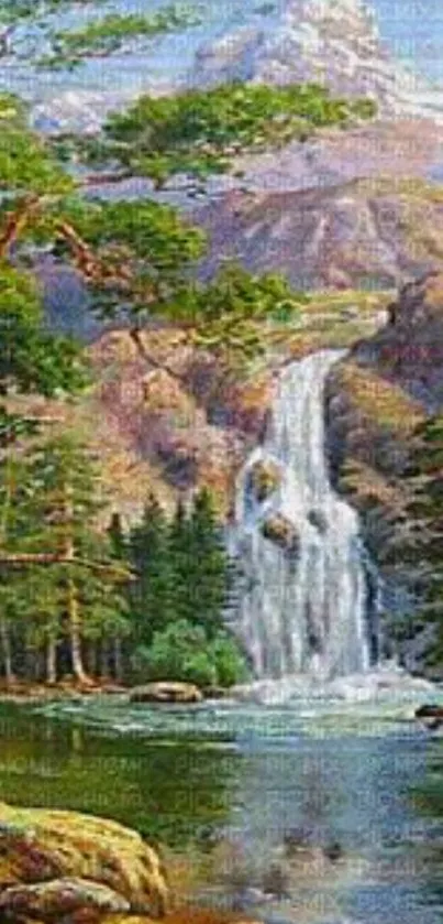 Serene view of a mountain waterfall with lush greenery.