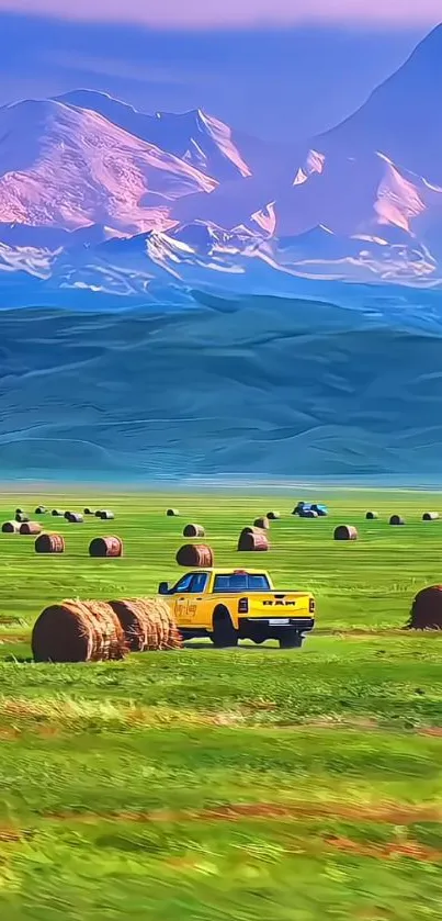 Yellow truck in vibrant mountain scenery with hay bales.