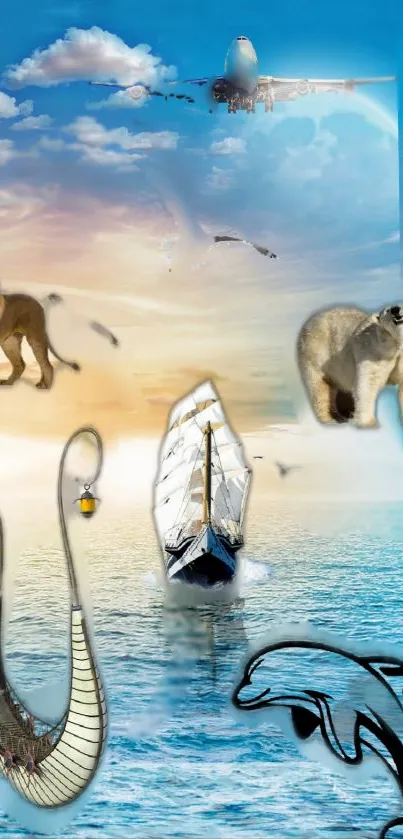 Dynamic wallpaper featuring a ship, plane, lion, polar bear, and vibrant ocean.