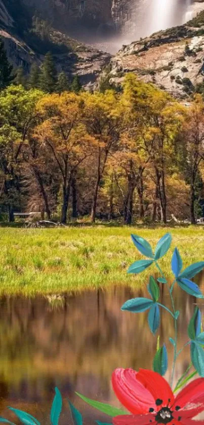 Scenic forest with artistic red flower in foreground.