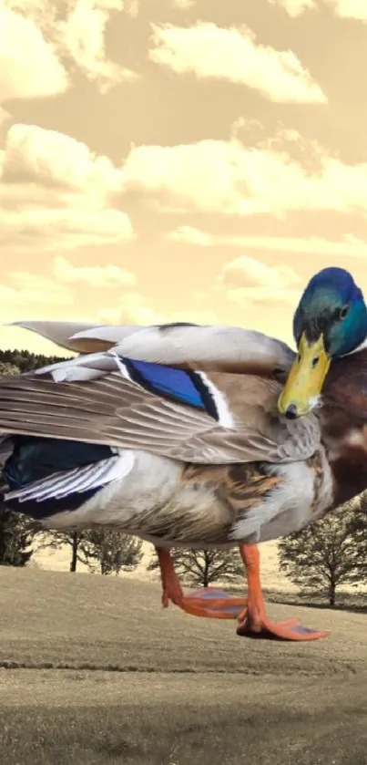 Duck and yellow fields under a blue sky in rural mobile wallpaper.