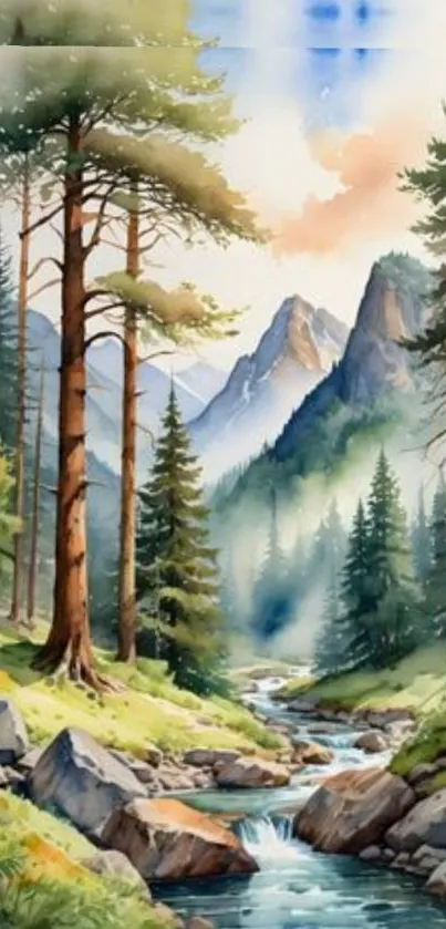 Nature landscape with forest, mountains, stream, and serene environment.