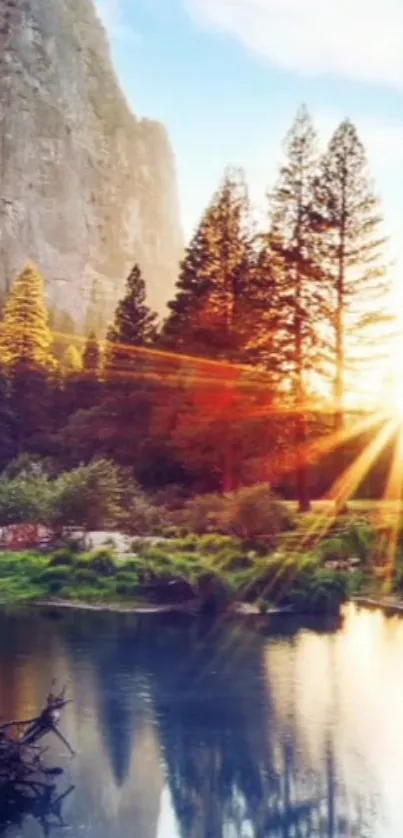 Sunrise over forest and lake with a scenic view and clear blue sky.