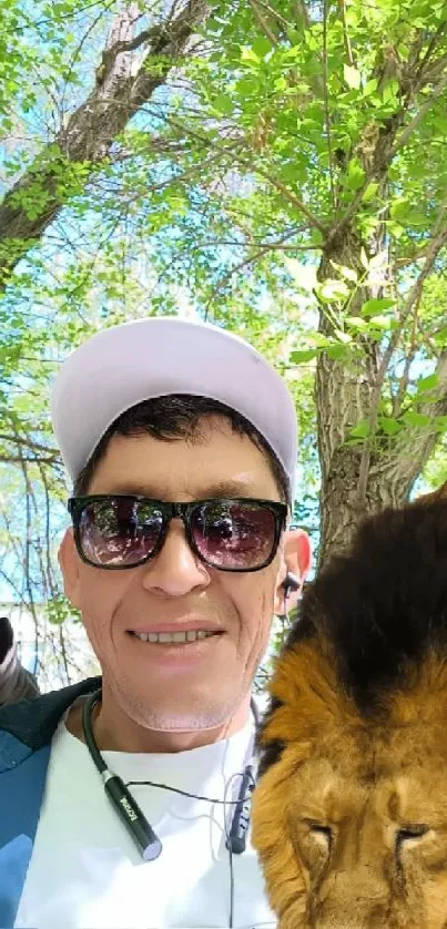 Person in forest with a lion, wearing cap and sunglasses.