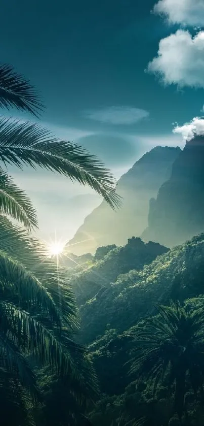 Sunrise over green mountains with palm trees and teal sky.