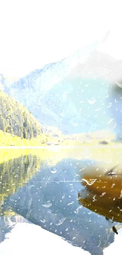 Tranquil lake with mountain reflection and raindrop-covered glass.
