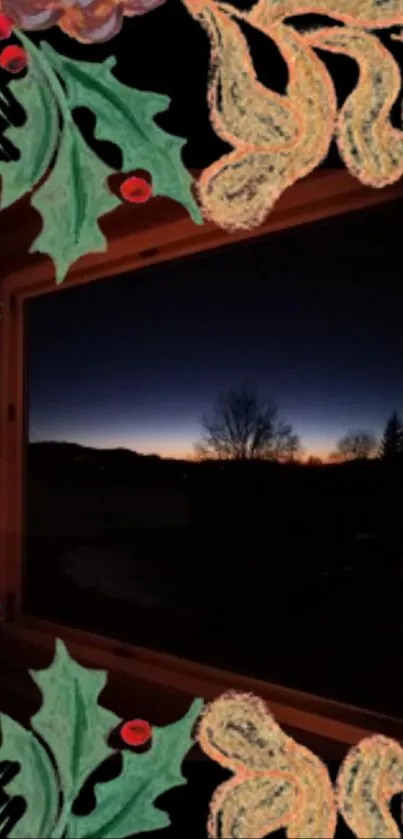 Nightfall view through window with holly and decorative leaves.