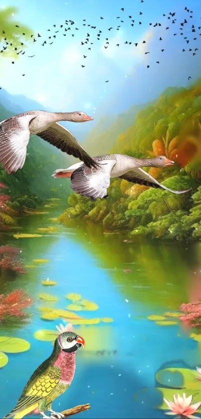 Colorful nature wallpaper with birds over river.