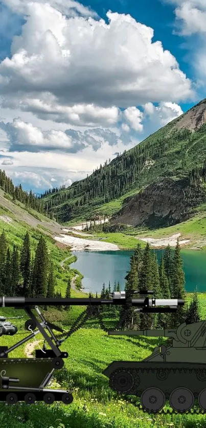 Mountain landscape with tank art overlay.