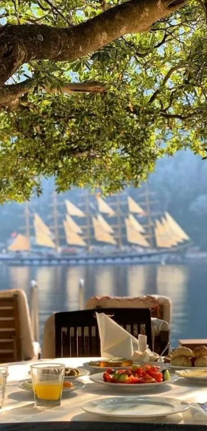 Scenic view of a table and sailboat with lush greenery.