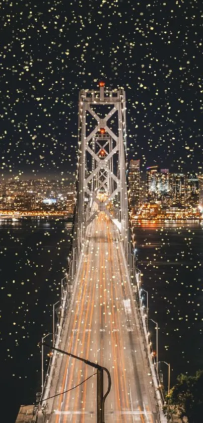 Night view of bridge and city lights reflection over water.