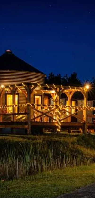 Serenely lit wooden bridge under a midnight sky.