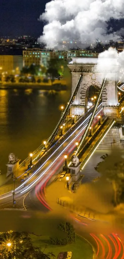 Illuminated historic bridge at night with flowing lights in a scenic cityscape.