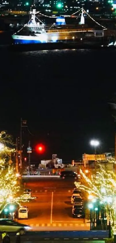 Night cityscape with glowing street lights and urban skyline.